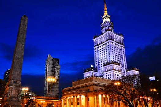 Warsaw city center with Palace of Culture and Science, the tallest building in Poland and the eighth tallest building in the EU