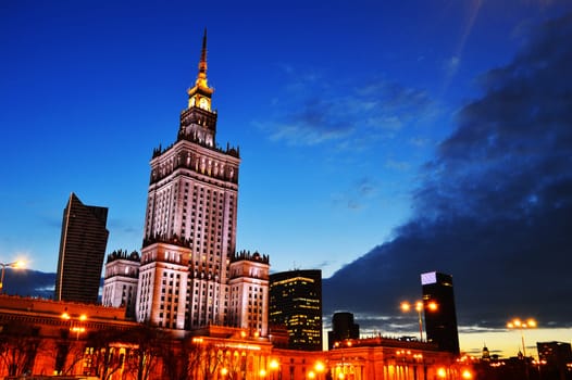 Warsaw city center with Palace of Culture and Science, the tallest building in Poland and the eighth tallest building in the EU