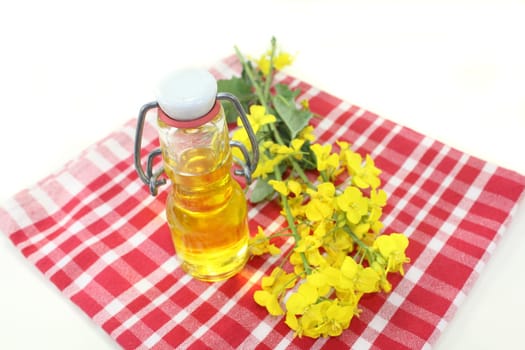 a bottle of rapeseed oil and rapeseed flowers against a white background
