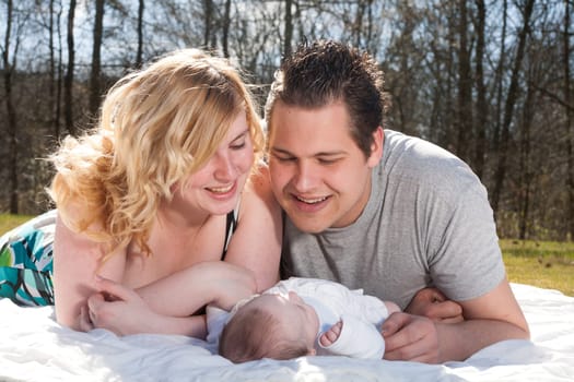 Young family is having  nice time with their baby on a sunny day