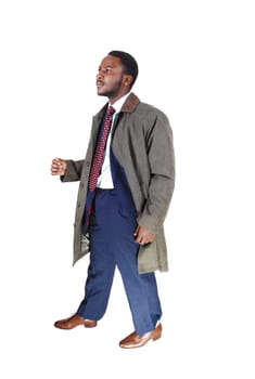 A young African American man in a blue suit and tie with a grey coat.walking isolated for white background..
