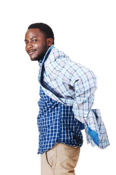 A young handsome black man in a blue shirt and a light blue jacket.standing in profile, isolated for white background..