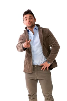 Handsome young man doing victory or peace sign with hand, isolated on white