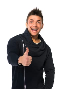 Attractive happy young man smiling, doing thumb up sign with his hand, isolated on white