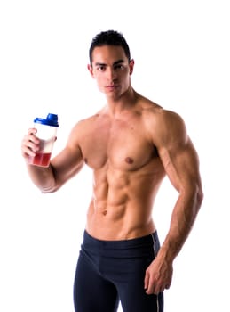 Muscular shirtless male bodybuilder holding protein shake bottle, ready for drinking. Isolated on white, looking at camera