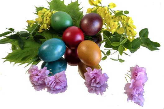 Five beautiful and colorful eggs on mirror floor and clean white background.
