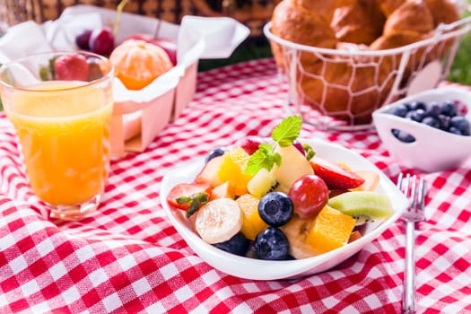 Bowl of fresh tropical fruit salad at a picnic served with a glass of orange juice, fresh fruit and croissants on a red and white checked tablecloth in summer sunshine