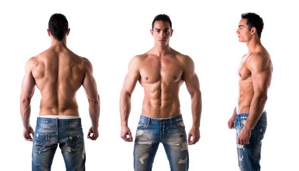 Three views of muscular shirtless male bodybuilder