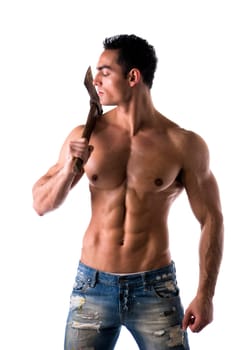 Male muscular shirtless bodybuilder holding lumberjack axe on shoulder isolated on white