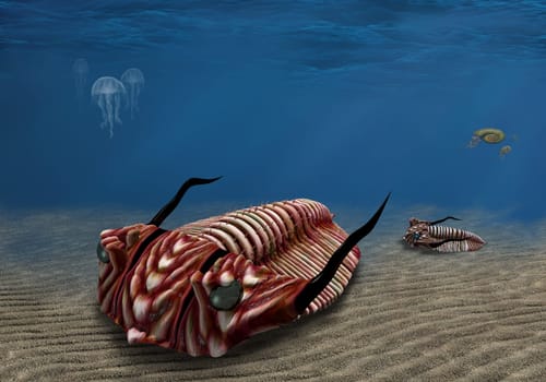Prehistoric trilobite scavenging on the ocean floor