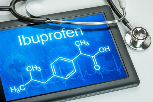 Tablet with the chemical structural formula of ibuprofen