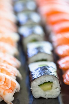 Closeup of rows of healthy freshly prepared sushi rolls