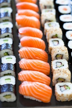 Closeup of rows of healthy freshly prepared sushi rolls