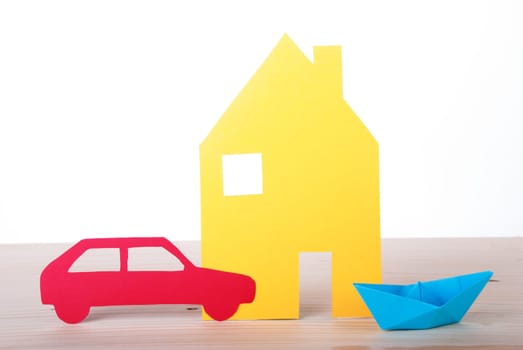 A Paper House, Boat and Car, Isolated