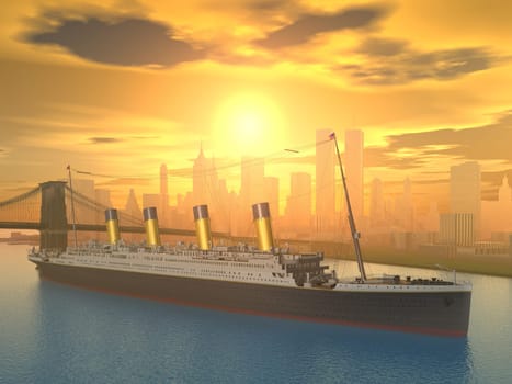 Computer-generated 3D illustration with an ocean liner in New York at sunset