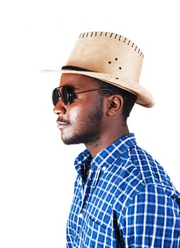 A serious looking black man in a profile picture with a cowboy hat, and.sunglasses, isolated for white background..