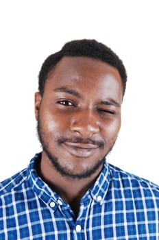 A portrait picture of a young black man blinking with one eye closed,.isolated on white background..