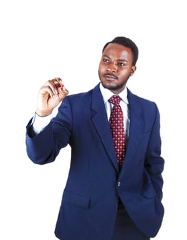 A black businessman holding one red dice in his hand, in a blue suit.standing isolated for white background..
