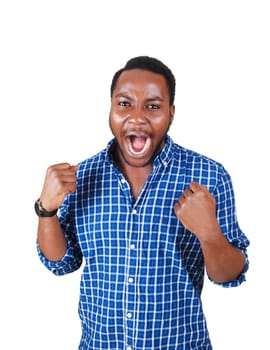 A very happy African American young man raising his hands, isolated for .white background, screaming his lungs of..
