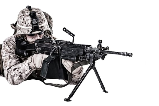 US marine with mashine gun on white background