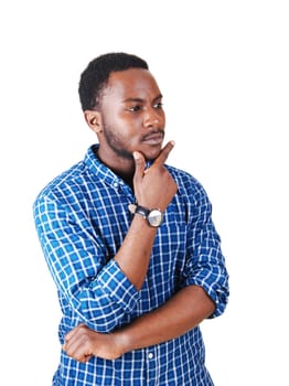 A black young man standing, isolated for white background with his hand on. his chin and looking..