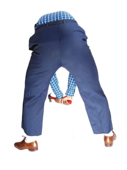 A young man standing from the back and hammering on the floor,.isolated for white background..