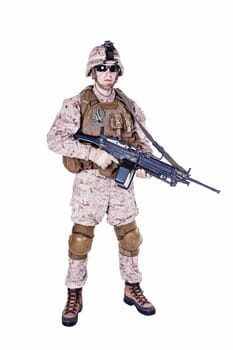 US marine with his assault rifle on white background