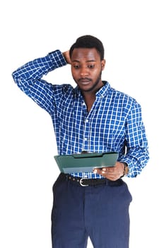 A handsome black man standing and having a problem with his papers, .isolated for white background..