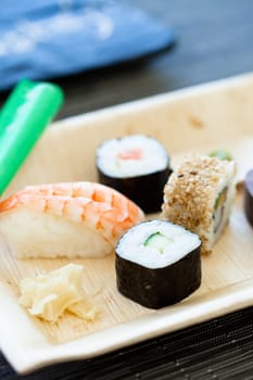 Closeup of plate of healthy freshly prepared sushi