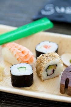 Closeup of plate of healthy freshly prepared sushi