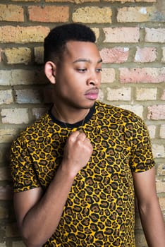 Portrait of handsome dark skinned male model wearing panther pattern t-shirt against brick wall