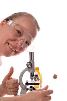 Female doctor with a microscope and thumb up