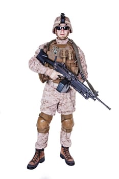 US marine with his assault rifle on white background