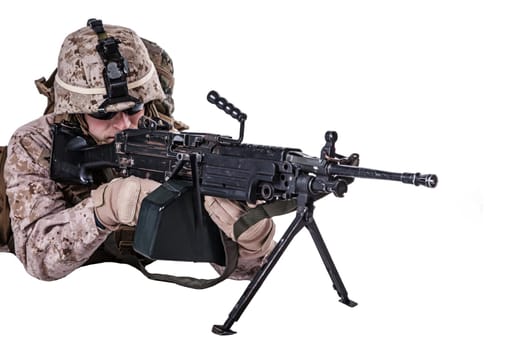 US marine with mashine gun on white background