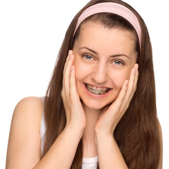 Happy girl with braces teenage beauty on white background