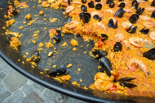 Detail view of a Pan with Seafood Paella