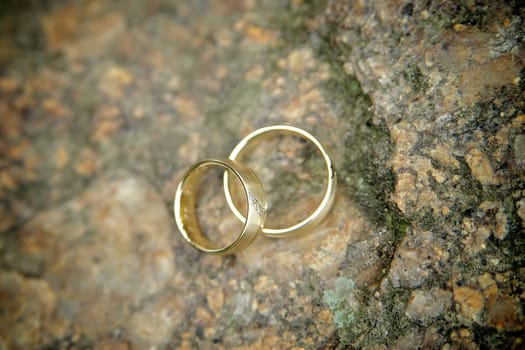 Two golden wedding rings on a stone
