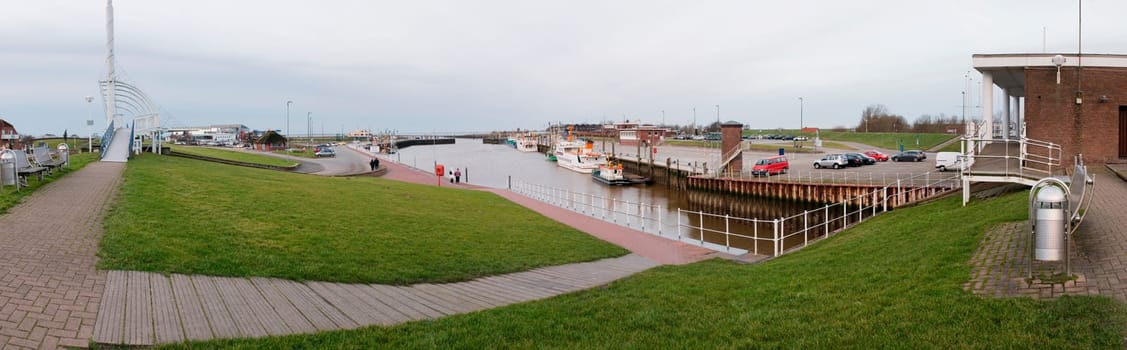 180-degree panoramic view of the Bensersiel harbour (East Frisia) in winter without snow