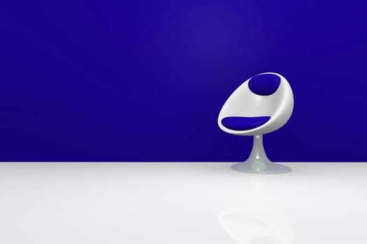 Stylish chair on a blue wall with space for text