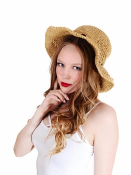A lovely young woman with long curly blond hair wearing a beige straw.hat, isolated for white background..
