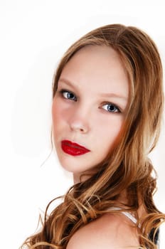 A closeup picture of a beautiful young teenager with long blond hair.and blue eyes, isolated for white background..
