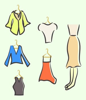 Sketched ladies wardrobe, stylish clothes, vector illustration.