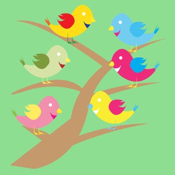 Cute birds on a tree branch. Vector illustration.