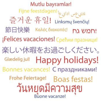 Happy holidays in many languages, vector illustration