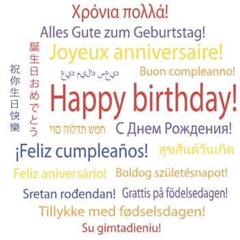 Happy birthday in many languages, vector illustration