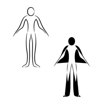 Vector sketch of two sides of man, ordinary and superhero.
