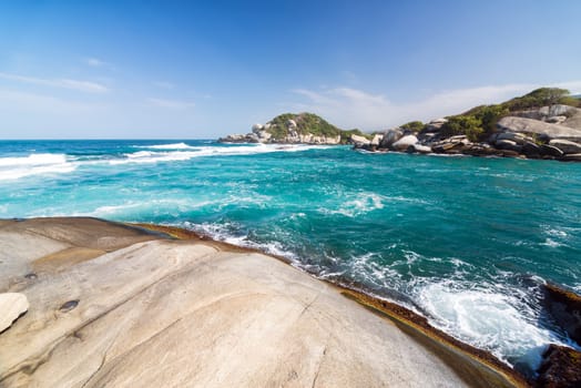 Turquoise Caribbean Sea as seen in Tayrona National Park near Santa Marta, Colombia