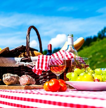 tasted picnic on the grass near a lake