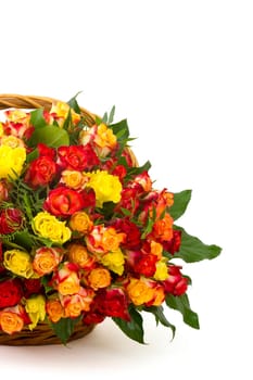 A bouquet of multicolored roses in a basket