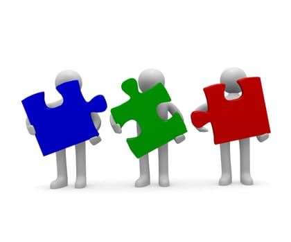 3d people with colorful pieces of puzzle